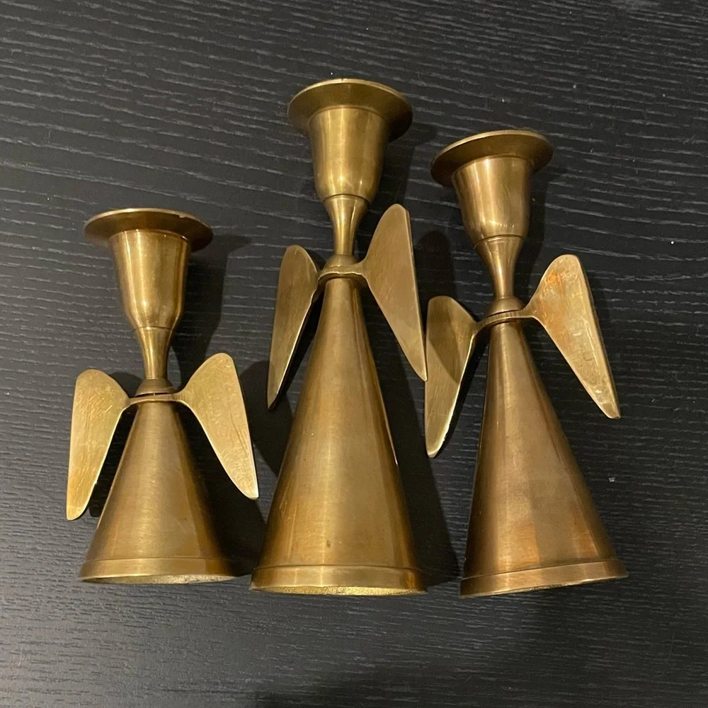 Set Of 3 Mid Century Brass Angel Wing Candle Holder Christmas MCM Taper